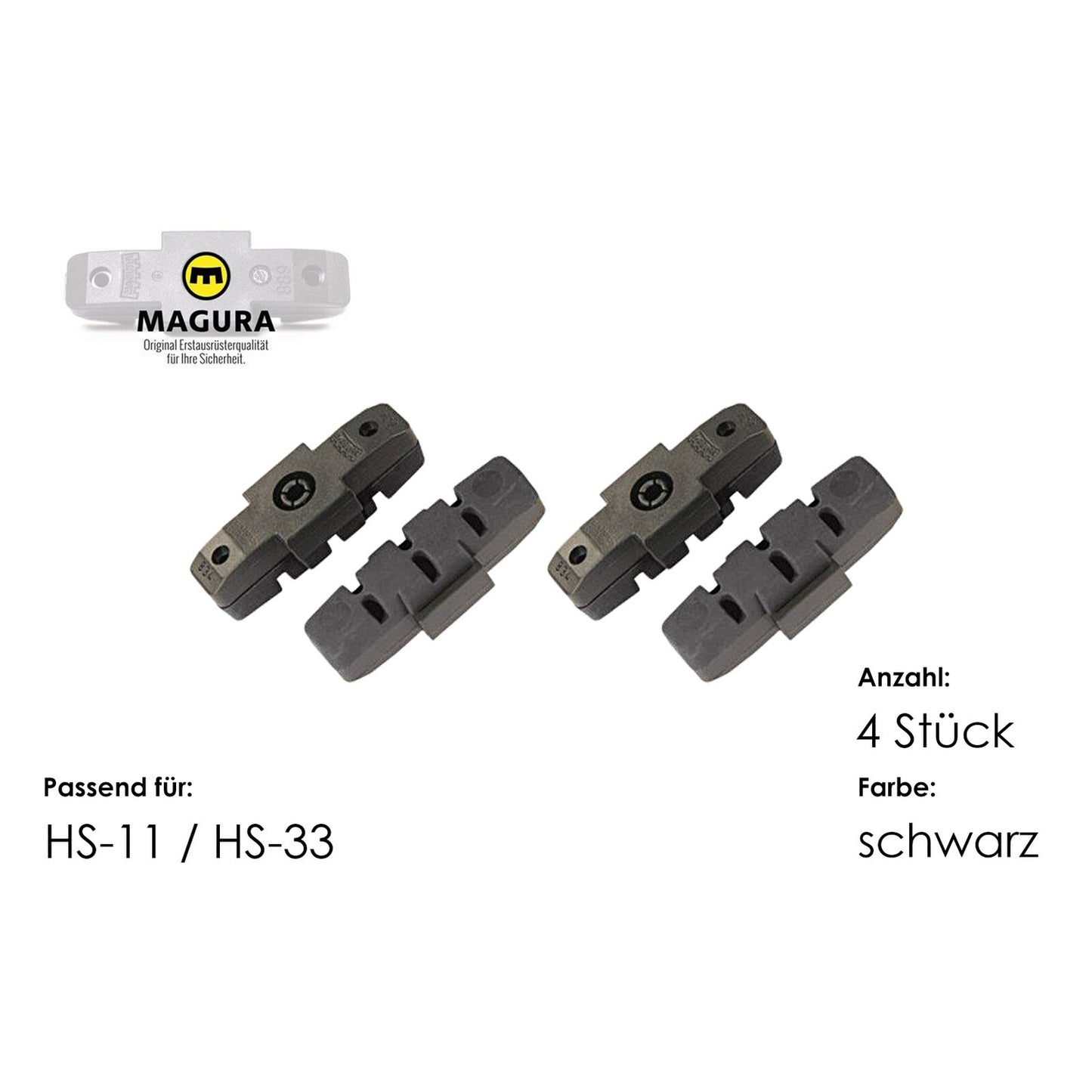 Magura Bremsklötze 4er-Set für HS11 und HS33, passend für harteloxierte Alu- und Keramikfelgen, Farbe schwarz, mit Magura Logo.