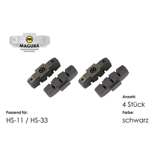 Magura Bremsklötze 4er-Set für HS11 und HS33, passend für harteloxierte Alu- und Keramikfelgen, Farbe schwarz, mit Magura Logo.