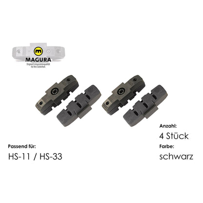 Magura Bremsklötze 4er-Set für HS11 und HS33, passend für harteloxierte Alu- und Keramikfelgen, Farbe schwarz, mit Magura Logo.